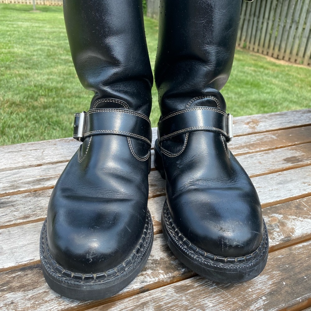 John Fluevog Angels Moto Engineer Boots, black and size 9.